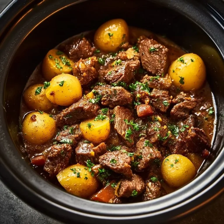 Slow Cooker Garlic Butter Beef Bites and Potatoes dish garnished with herbs