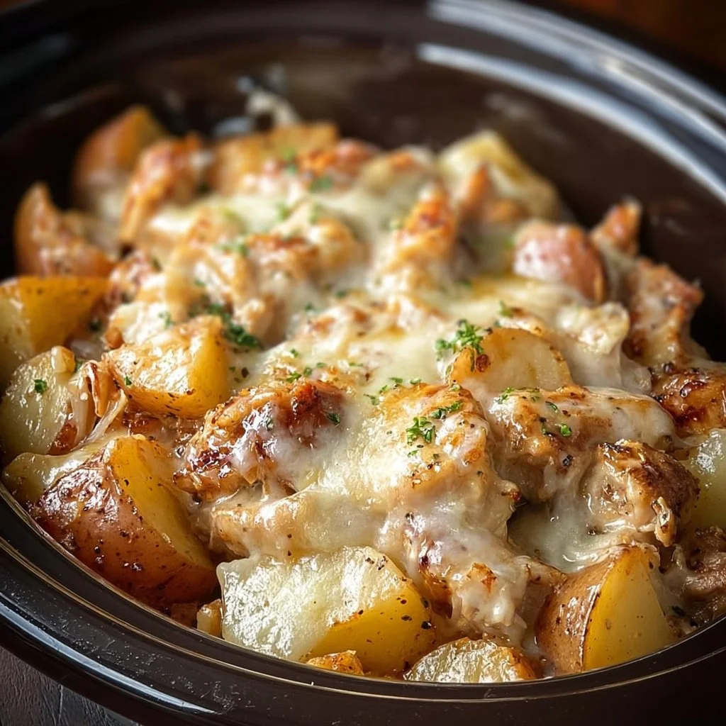 Slow cooker garlic parmesan chicken served with potatoes