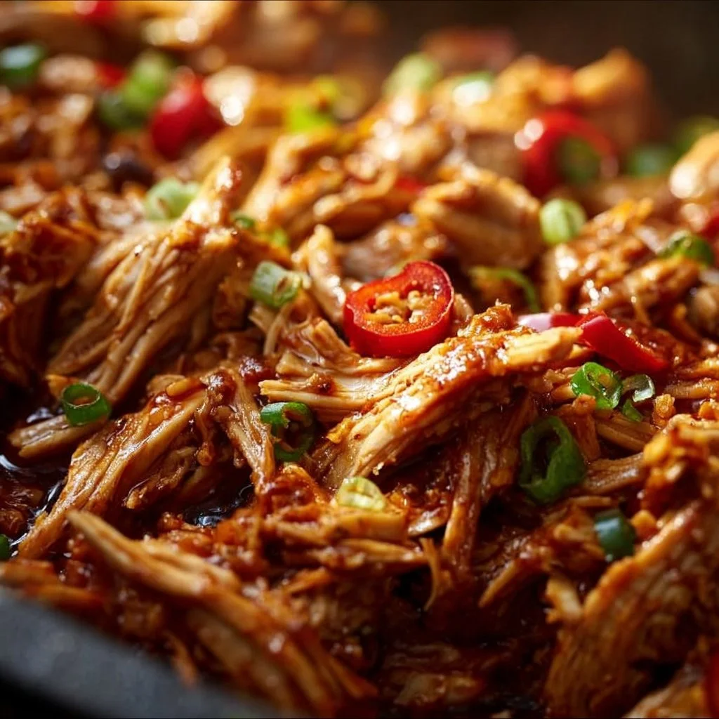 Slow cooker sweet chili chicken served with rice and vegetables.