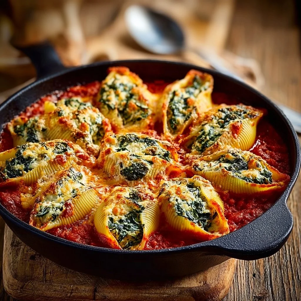 Delicious spinach and ricotta stuffed shells baked with marinara sauce