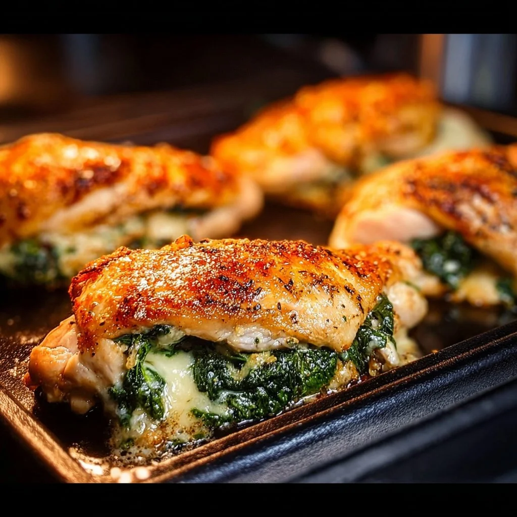 Juicy spinach stuffed chicken breast topped with herbs and served on a plate