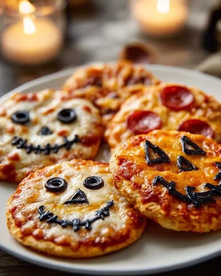 Plate of Halloween Mini Pizzas decorated with spooky toppings
