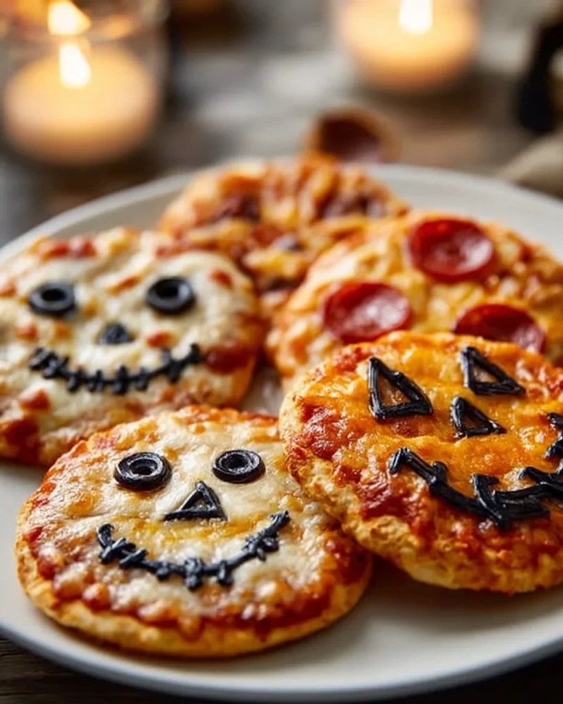 Plate of Halloween Mini Pizzas decorated with spooky toppings