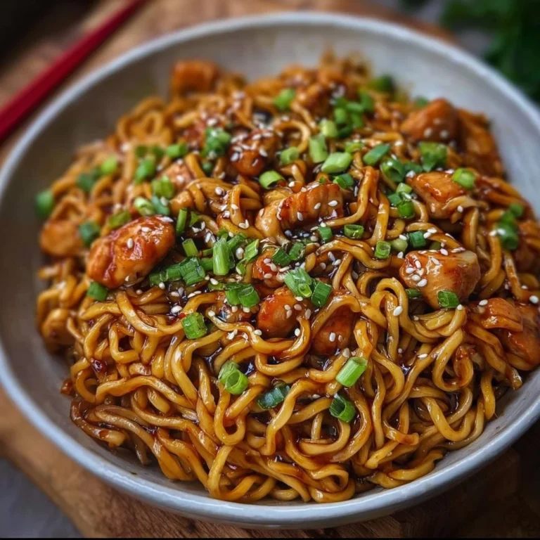 Plate of sticky garlic chicken noodles garnished with green onions.