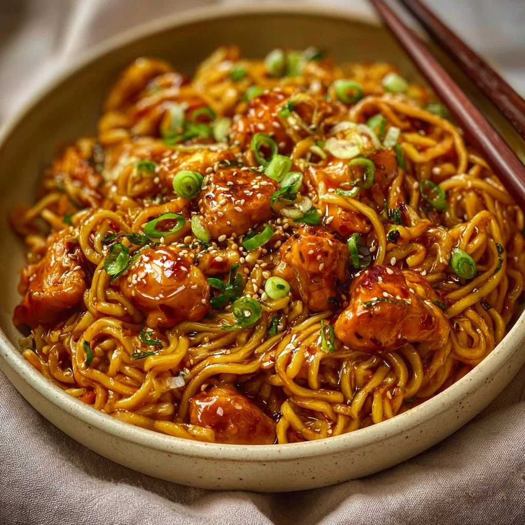 Delicious Sticky Garlic Chicken Noodles served in a bowl with fresh greens