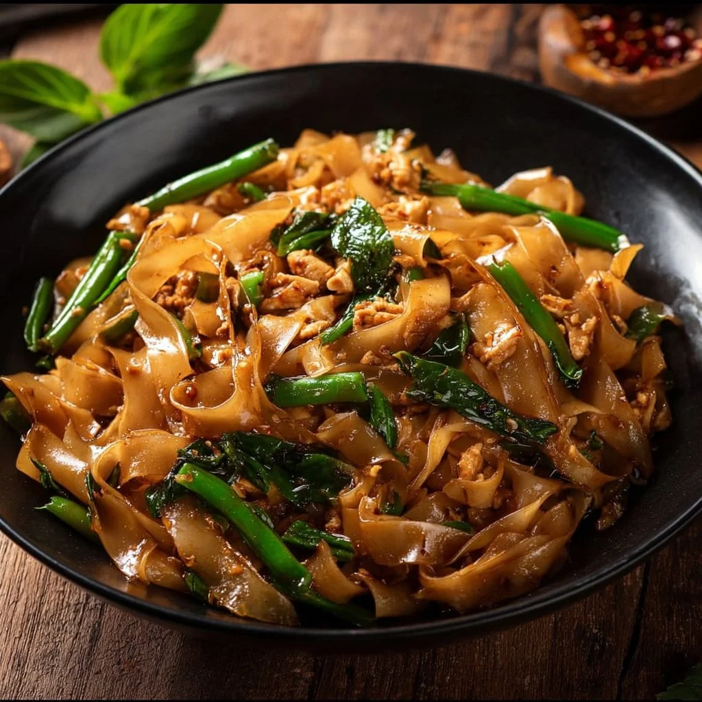 Plate of Street Style Thai Drunken Noodles garnished with herbs and spices