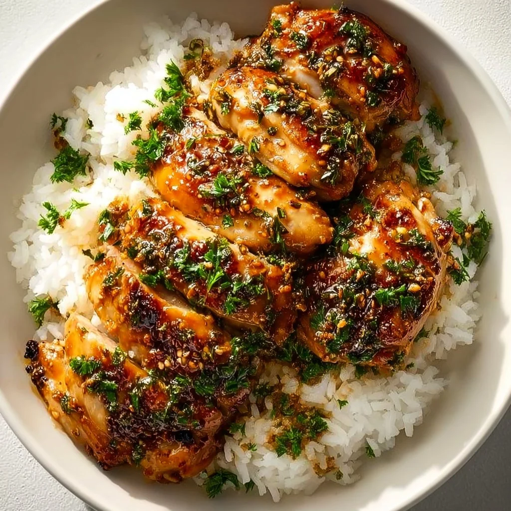Delicious sweet and sticky honey garlic chicken breasts on a plate