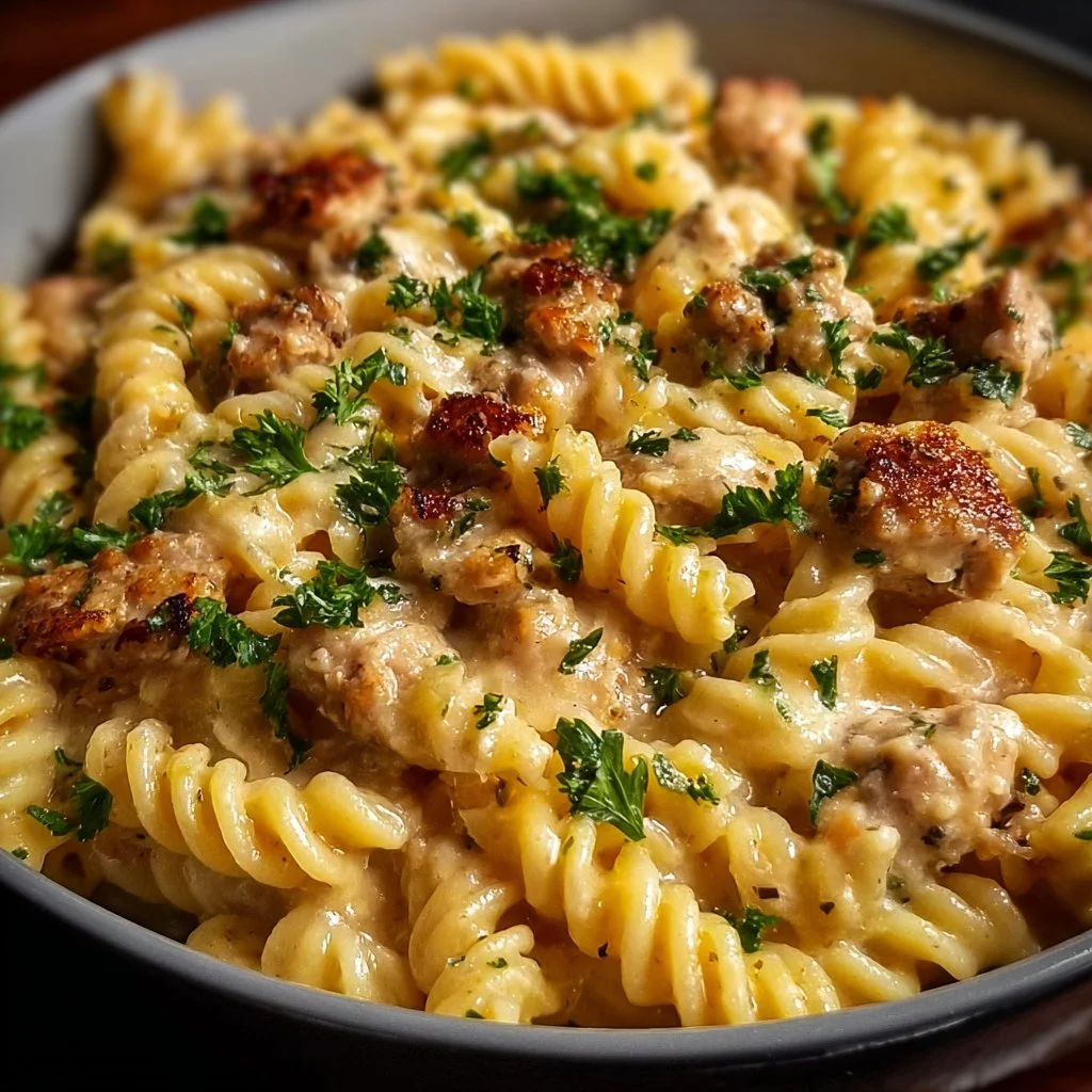 Delicious crockpot garlic parmesan chicken pasta served in a bowl