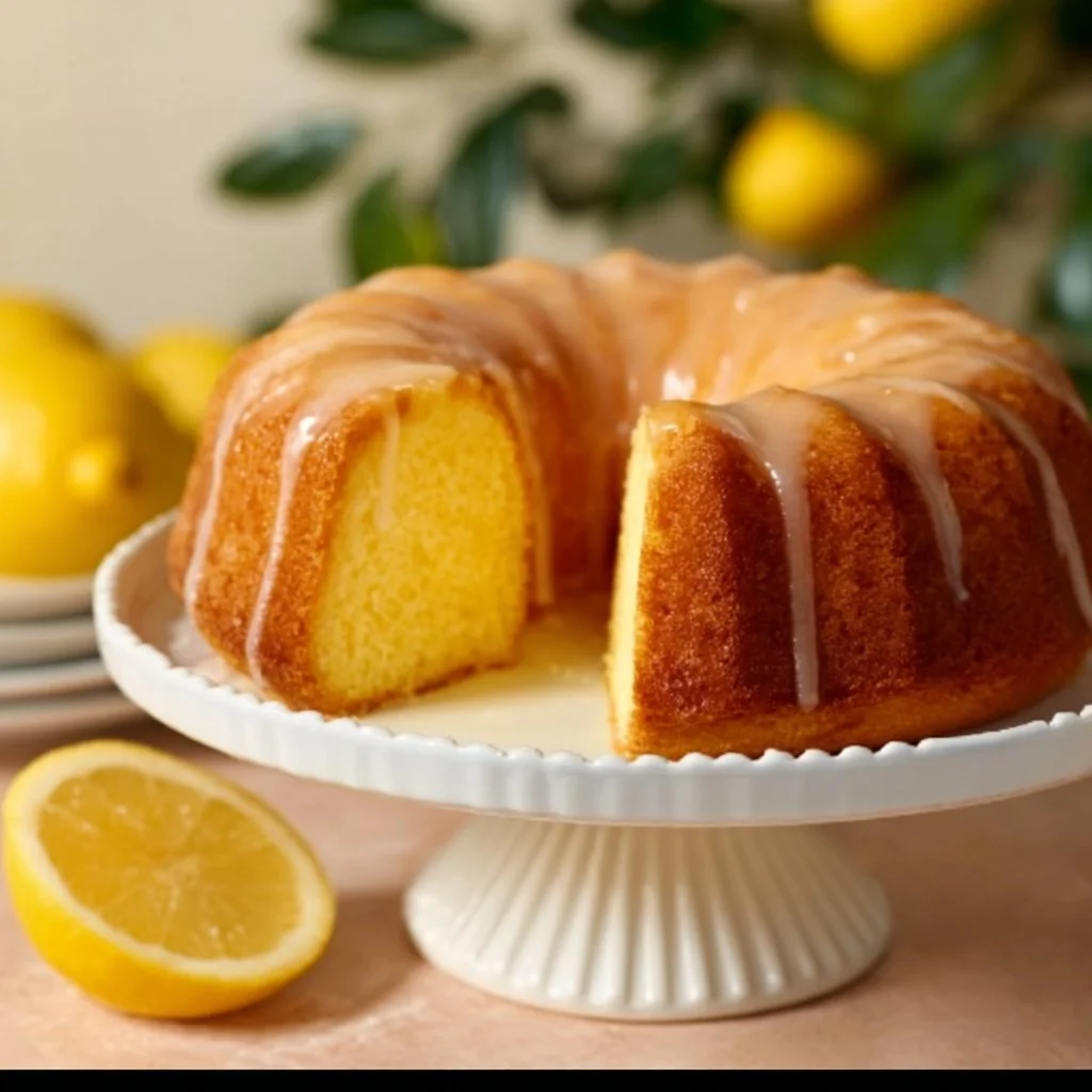 Delicious lemon cake with frosting and lemon slices on top