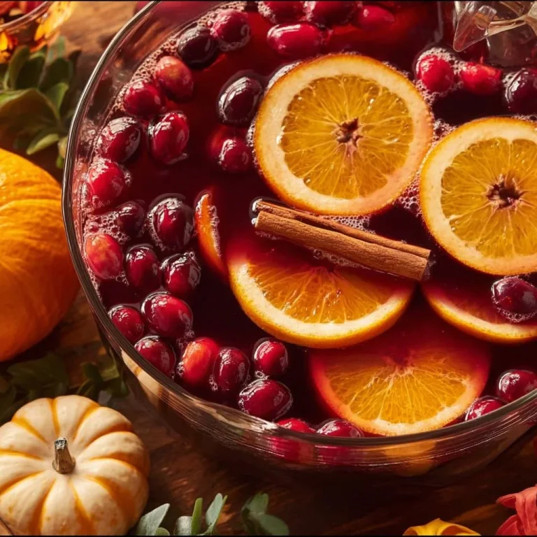 A bowl of delicious Autumn Punch with colorful fall fruits and spices.