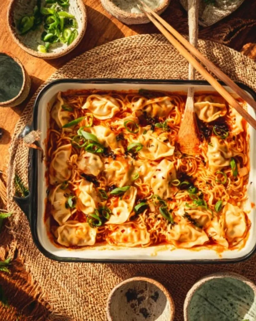 Delicious Thai Dumpling Casserole served in a rustic dish, garnished with herbs.