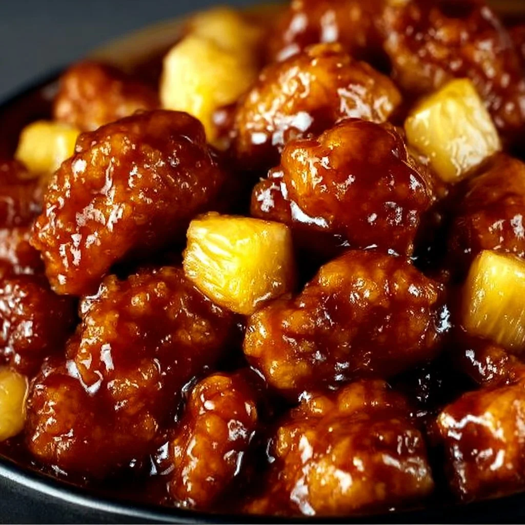 Delicious Brown Sugar Pineapple Chicken served on a plate with herbs