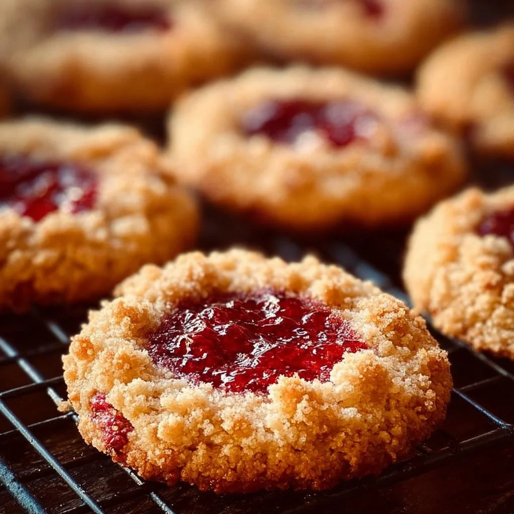 Buttery raspberry crumble cookies with a crumbly topping and vibrant raspberry filling.