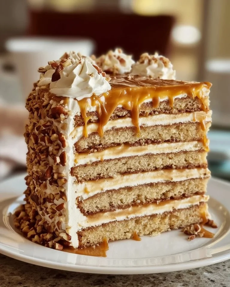 Delicious Caramel Crunch Cake with caramel drizzle and crunchy topping