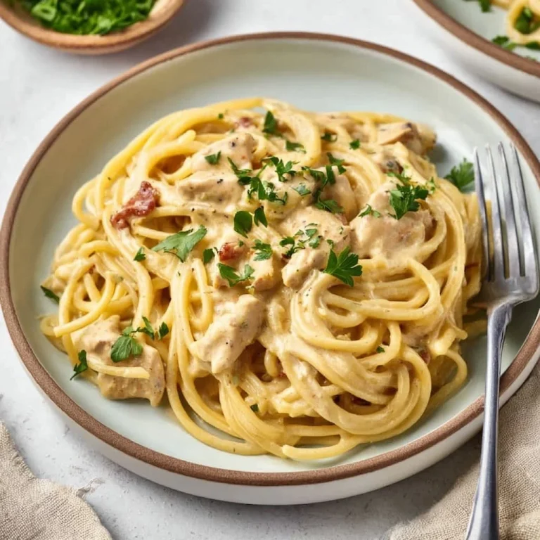 Delicious Cheesy Chicken Spaghetti topped with melted cheese and herbs