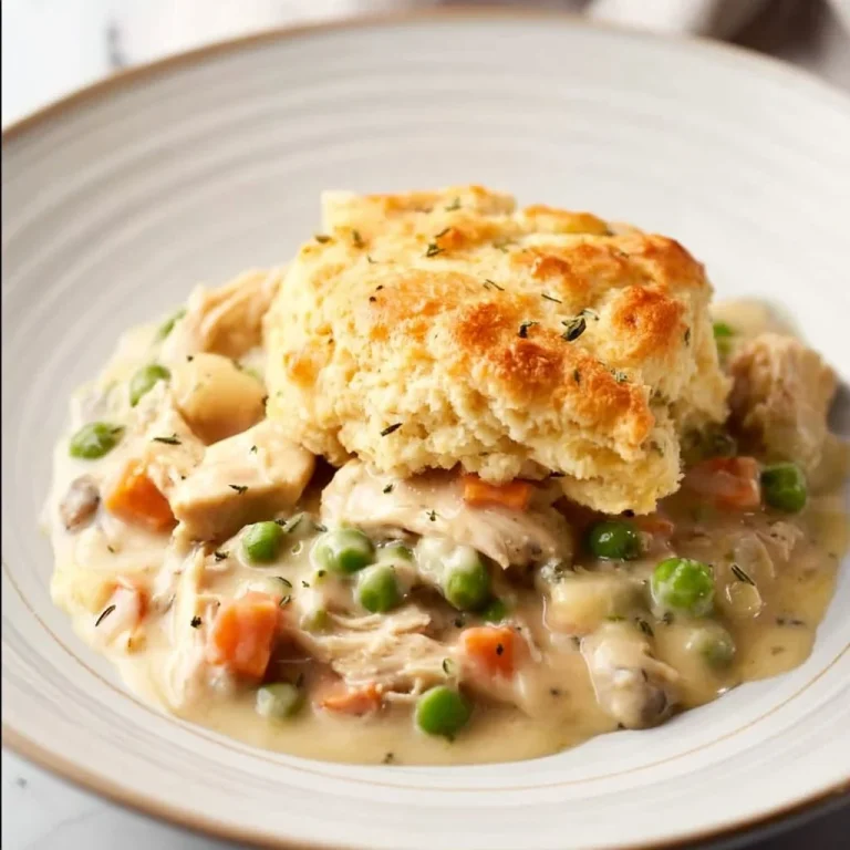 Delicious Chicken Pot Pie Cobbler baked in a golden crust