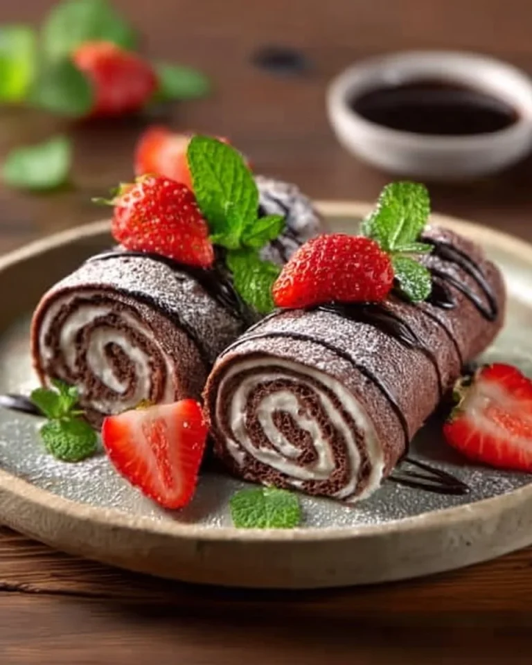 Chocolate crepes filled with whipped cream on a white plate