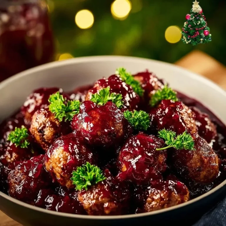 Delicious Christmas Cranberry Meatballs served on a festive platter
