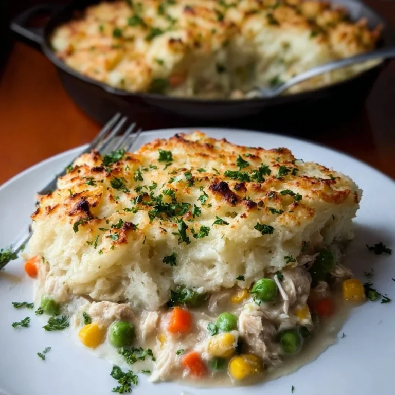 Delicious Chicken Shepherd's Pie with golden mashed potatoes topping.
