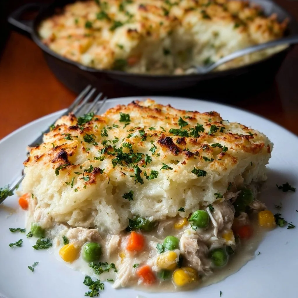 Delicious Chicken Shepherd's Pie with golden mashed potatoes topping.