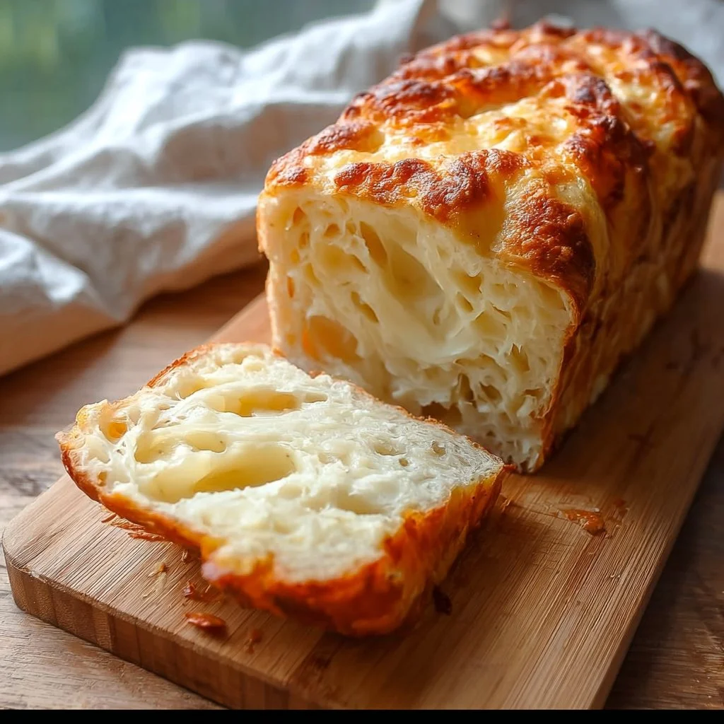 Delicious cheese bread freshly baked, topped with gooey cheese and herbs.