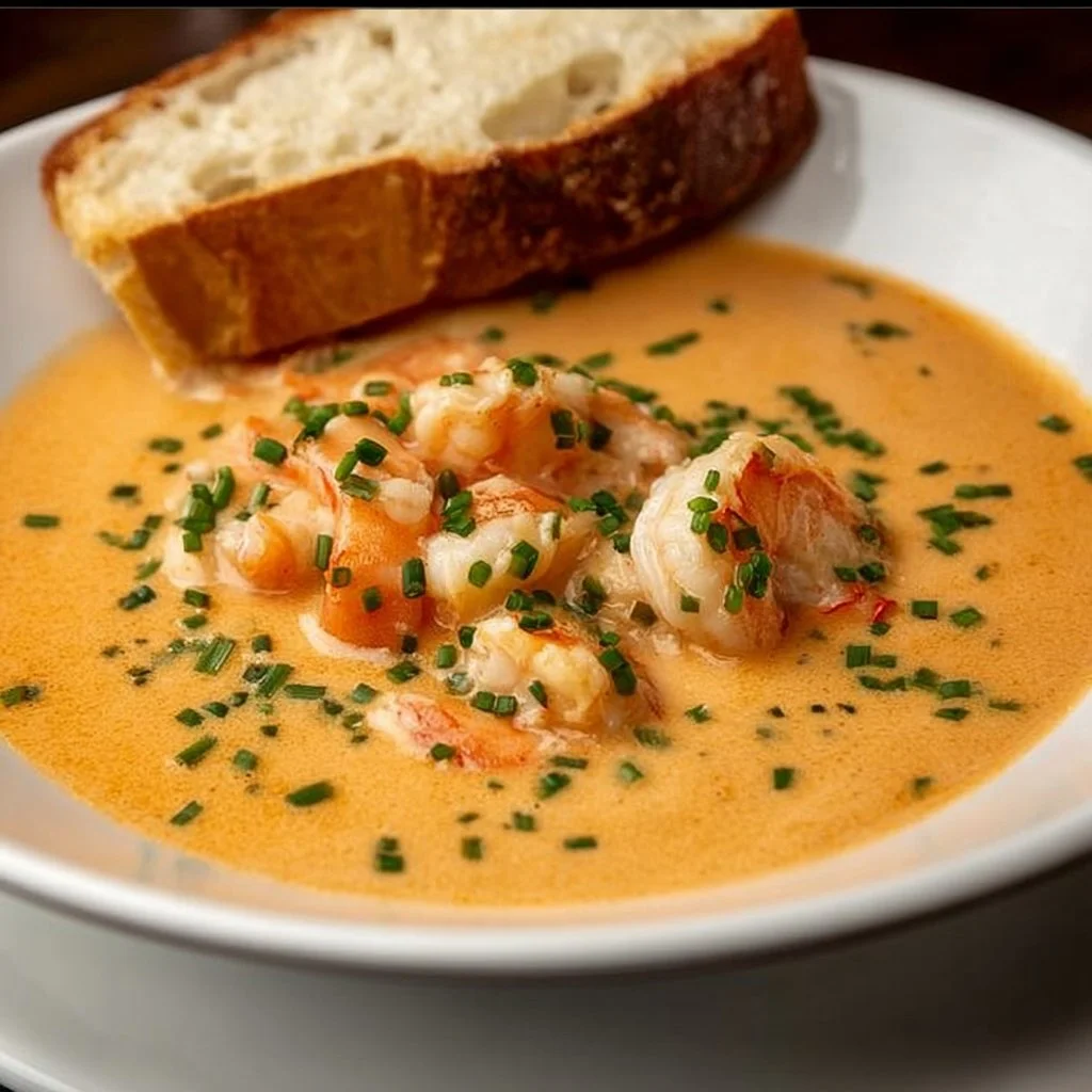 Delicious crab and shrimp seafood bisque served in a bowl with herbs on top