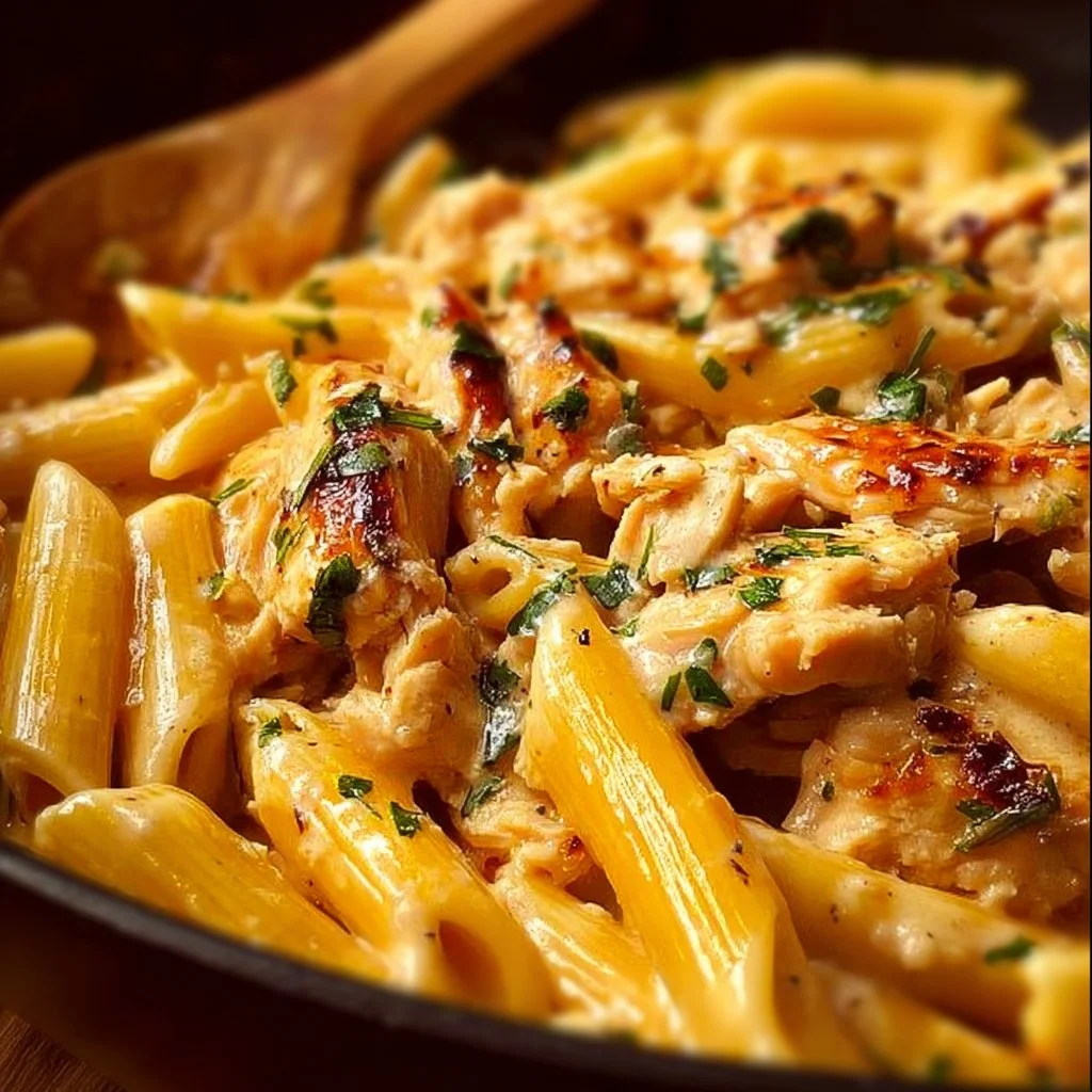 Plate of Crack Chicken Penne with creamy sauce and garnished with herbs