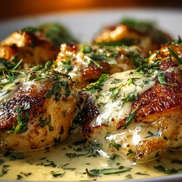 Creamy Boursin chicken served on a plate with herbs and side vegetables.