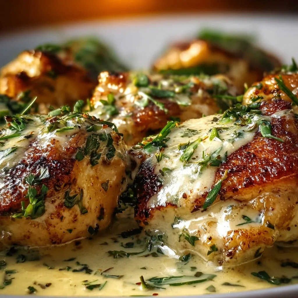 Creamy Boursin chicken served on a plate with herbs and side vegetables.