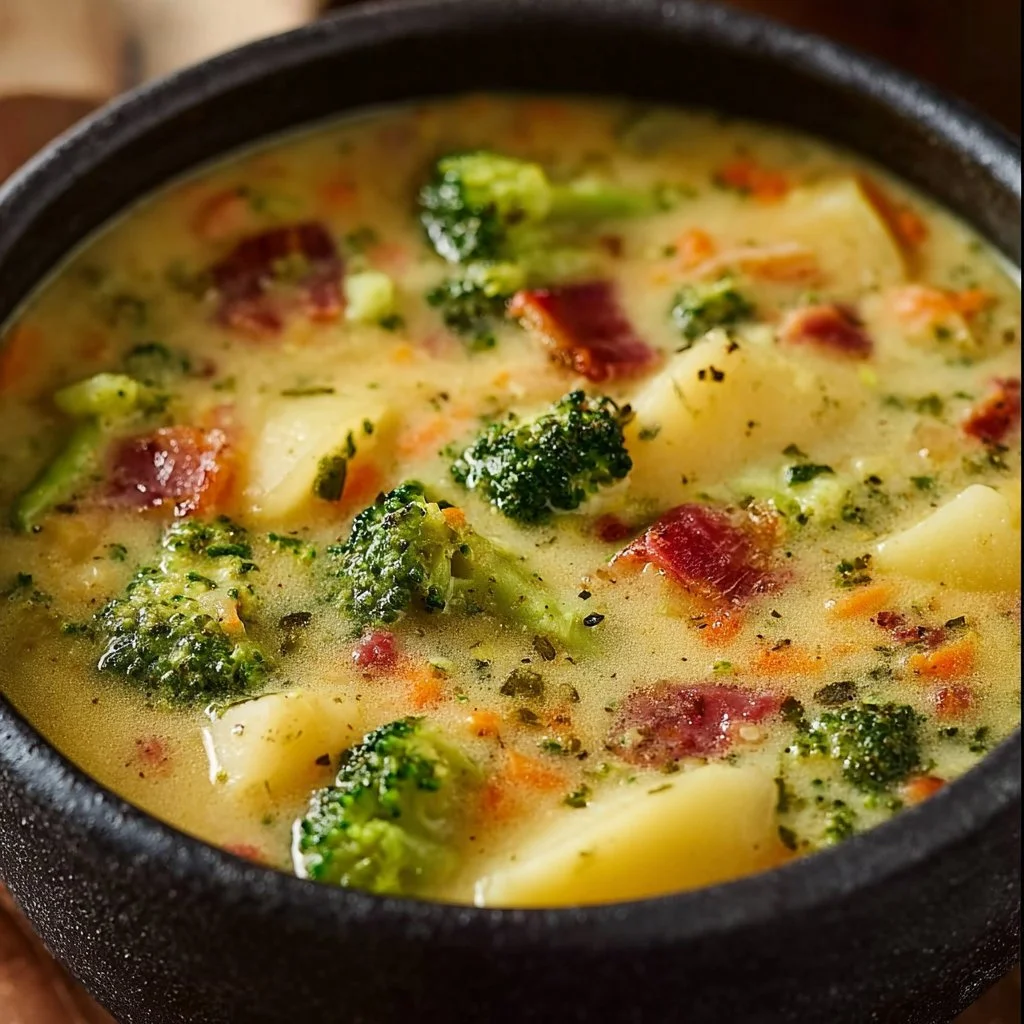 Creamy cheddar broccoli potato soup garnished with herbs in a bowl