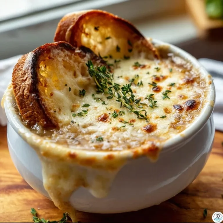 Delicious creamy onion soup garnished with herbs in a rustic bowl