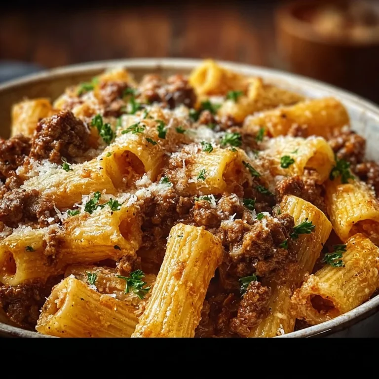 Creamy Parmesan Beef Rigatoni served in a bowl garnished with parsley