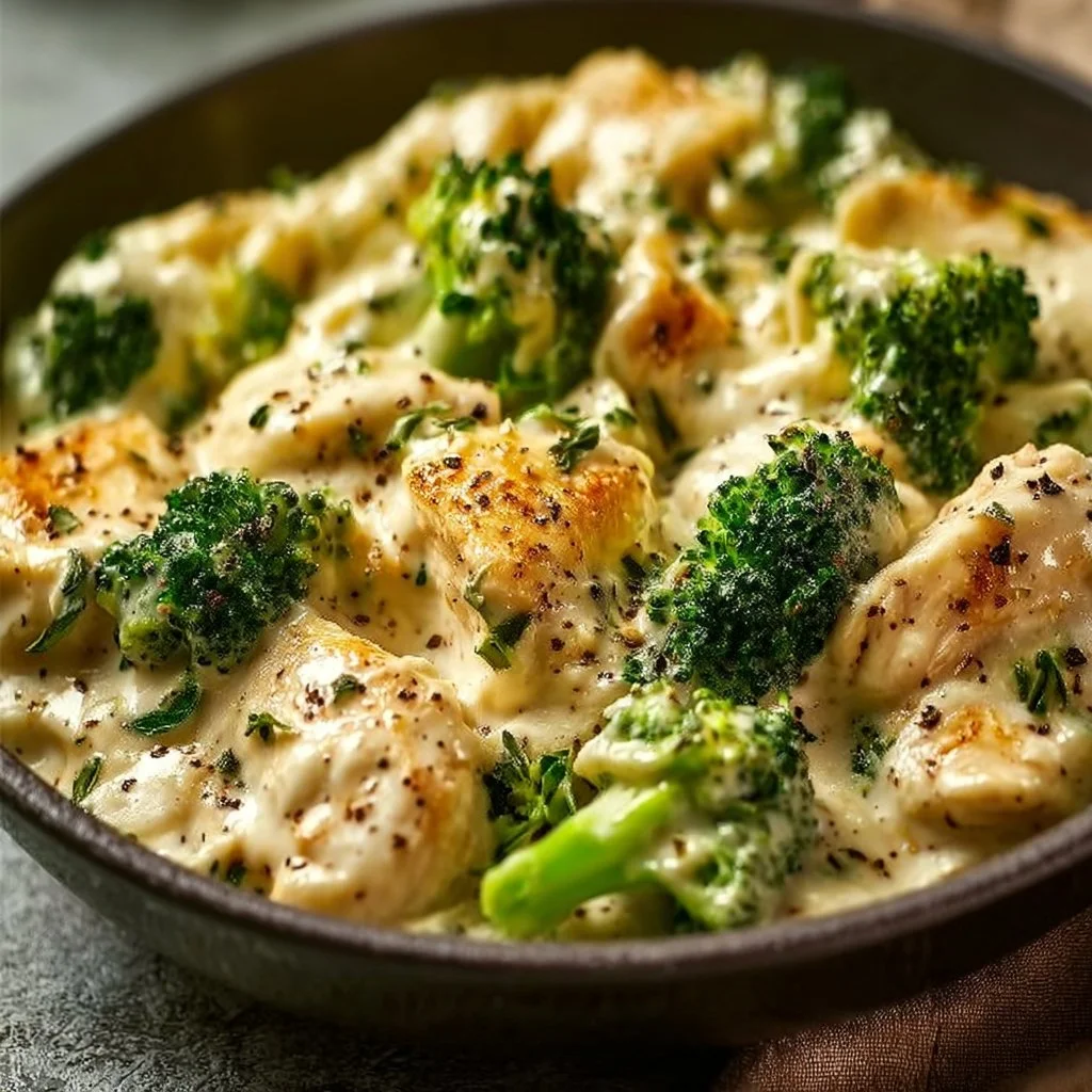 Creamy slow cooker Chicken Alfredo with broccoli served in a bowl.