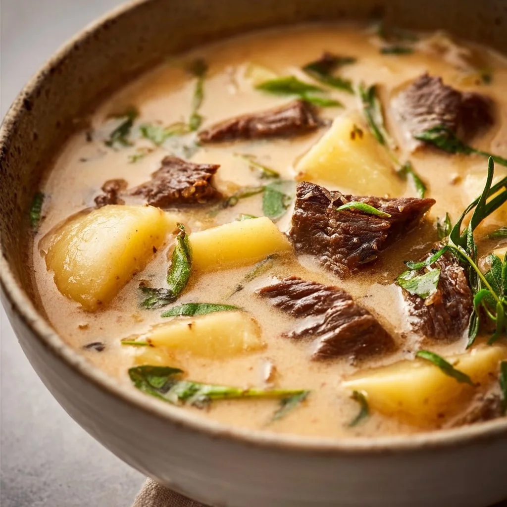 Creamy steak and potato soup served in a bowl with fresh herbs on top.