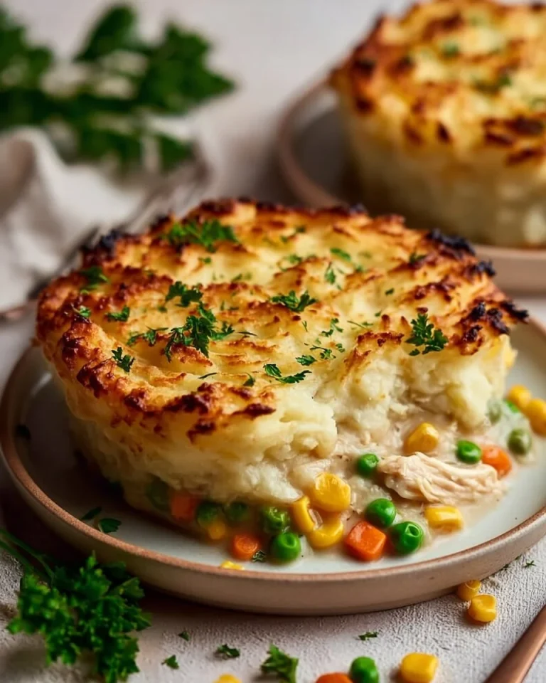 A hearty Chicken Shepherd's Pie topped with creamy mashed potatoes, served in a baking dish.