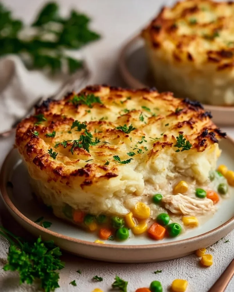 A hearty Chicken Shepherd's Pie topped with creamy mashed potatoes, served in a baking dish.