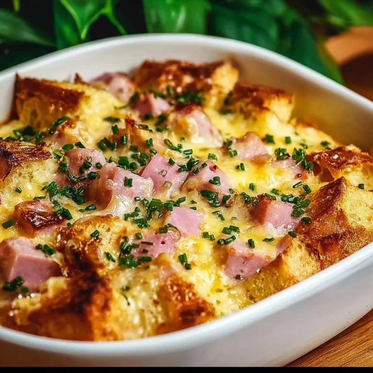 Delicious green bean casserole served in a baking dish with crispy topping
