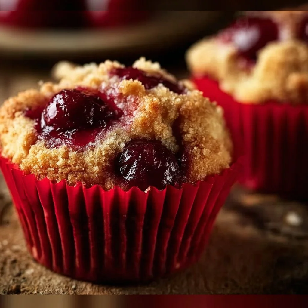 Freshly baked cherry cobbler muffins topped with sweet cherry filling.