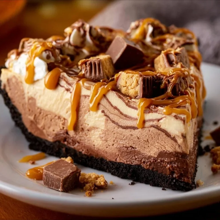 Slice of dreamy chocolate peanut butter pie topped with whipped cream