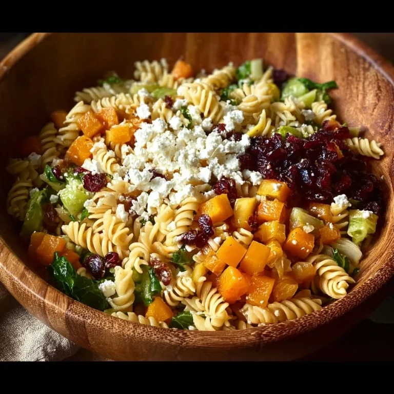 Colorful fall pasta salad with seasonal vegetables and dressing