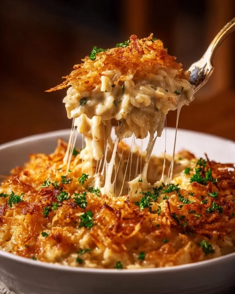 French onion chicken rice casserole served in a baking dish with melted cheese