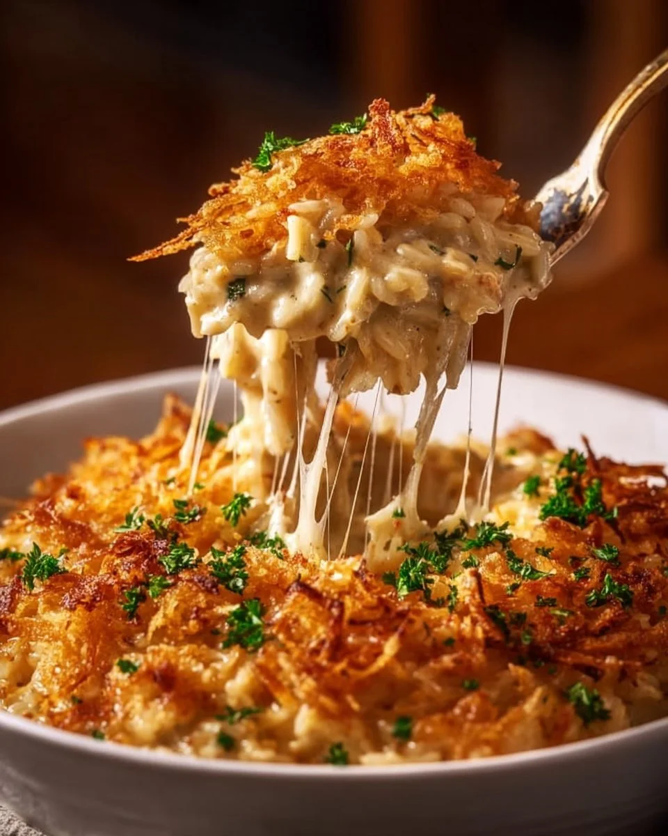 French onion chicken rice casserole served in a baking dish with melted cheese