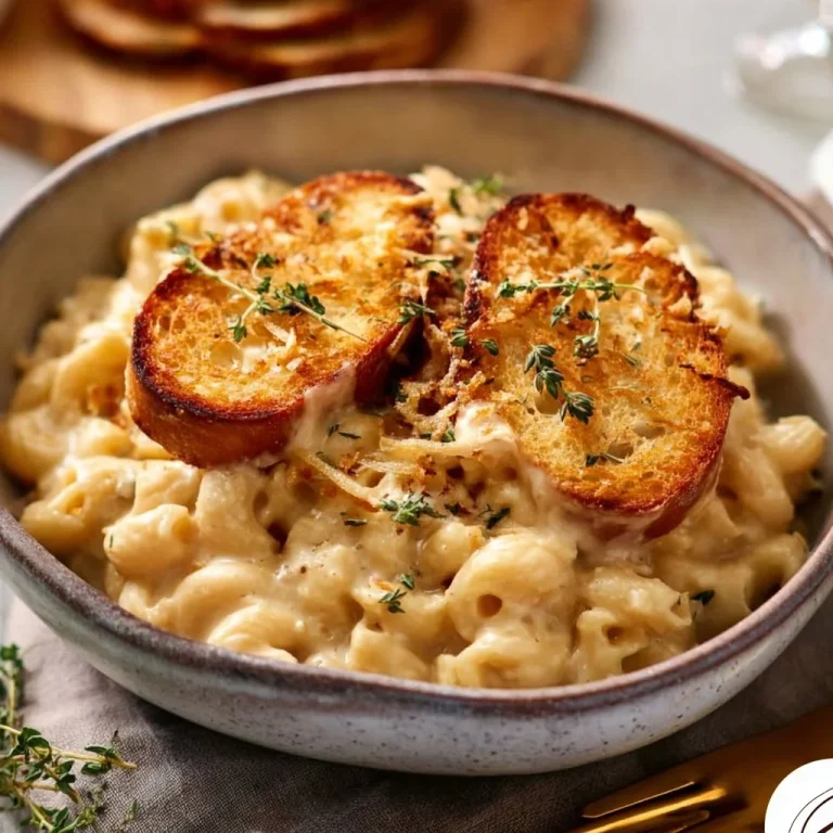 Delicious bowl of French Onion Mac and Cheese topped with crispy onions.