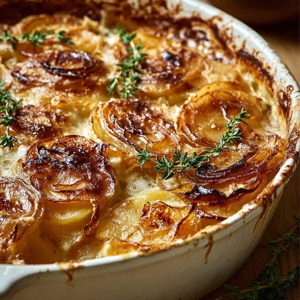 Delicious French Onion Potato Bake with golden cheese topping and crispy onions.