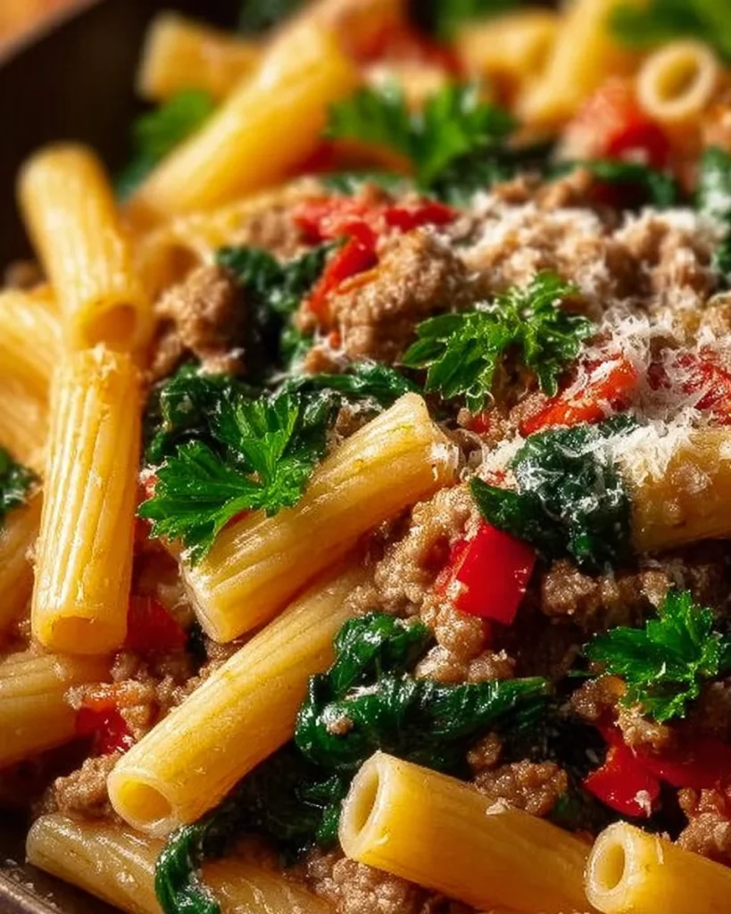 High protein creamy beef pasta dish served in a bowl with garnishes