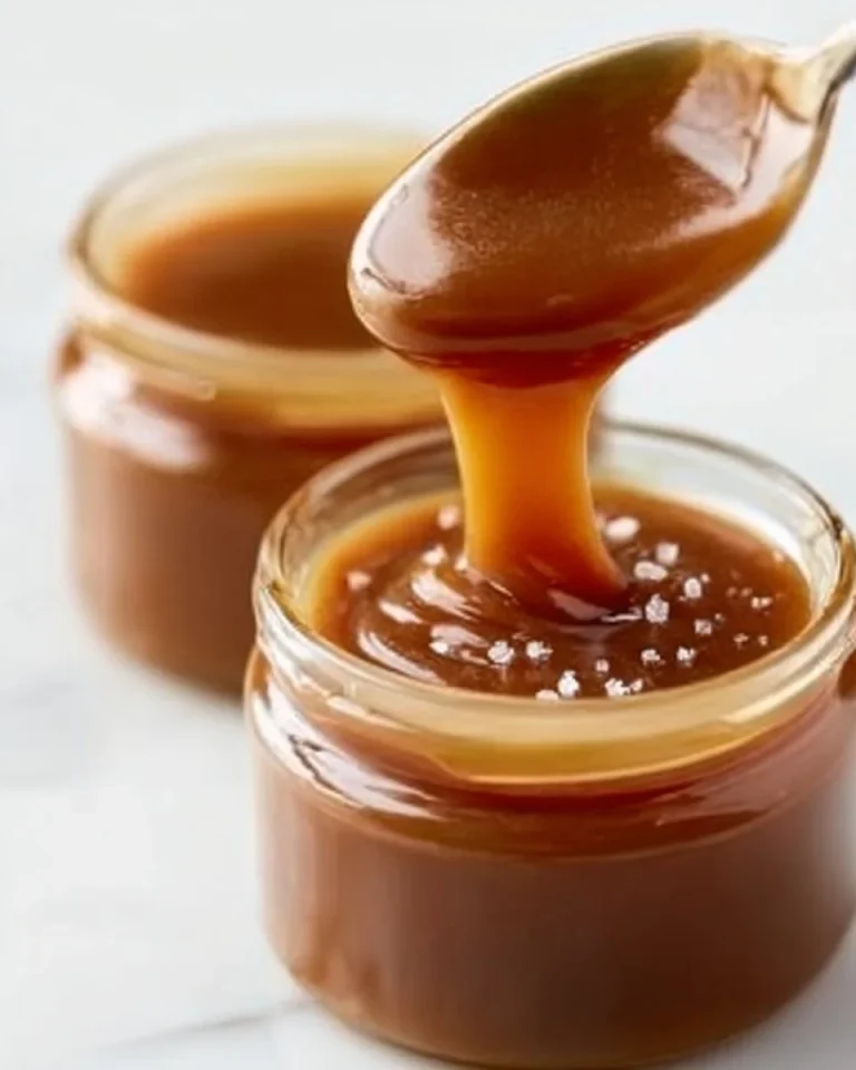 Homemade caramel sauce in a jar, made with 3 simple ingredients.