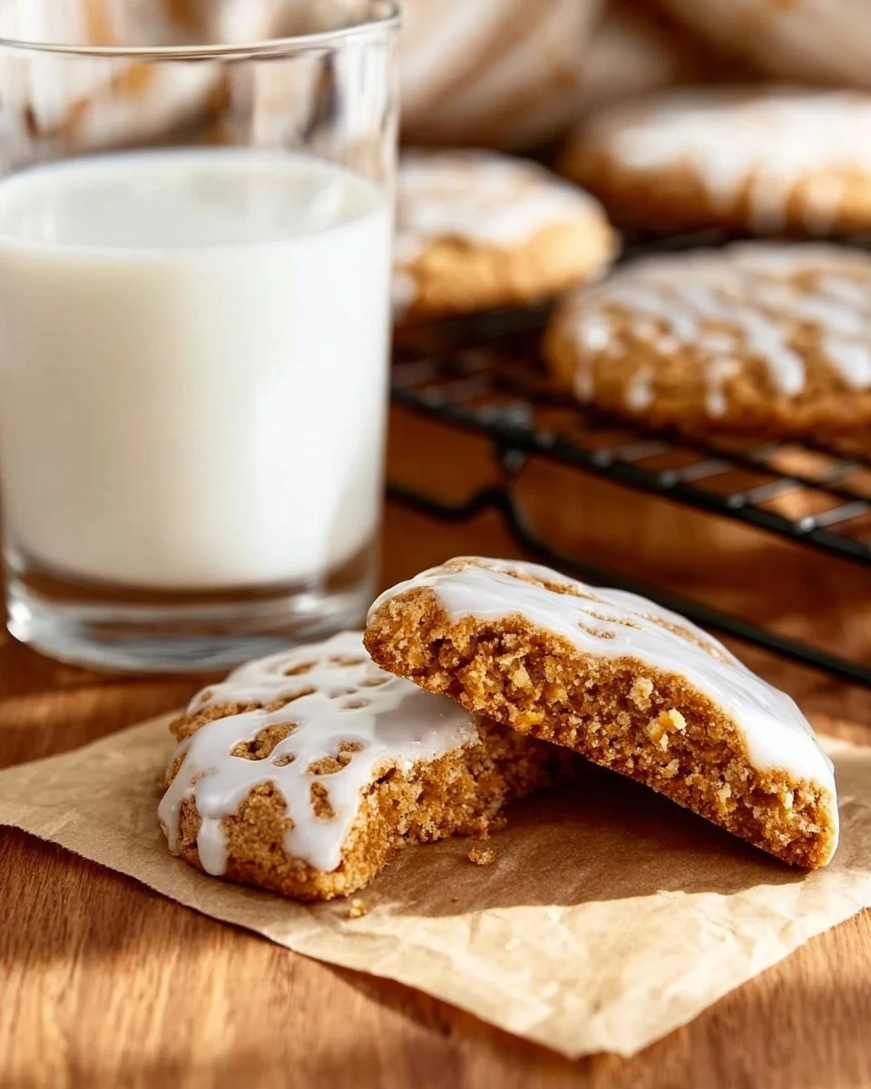 Freshly baked iced oatmeal cookies with a sweet glaze on top.