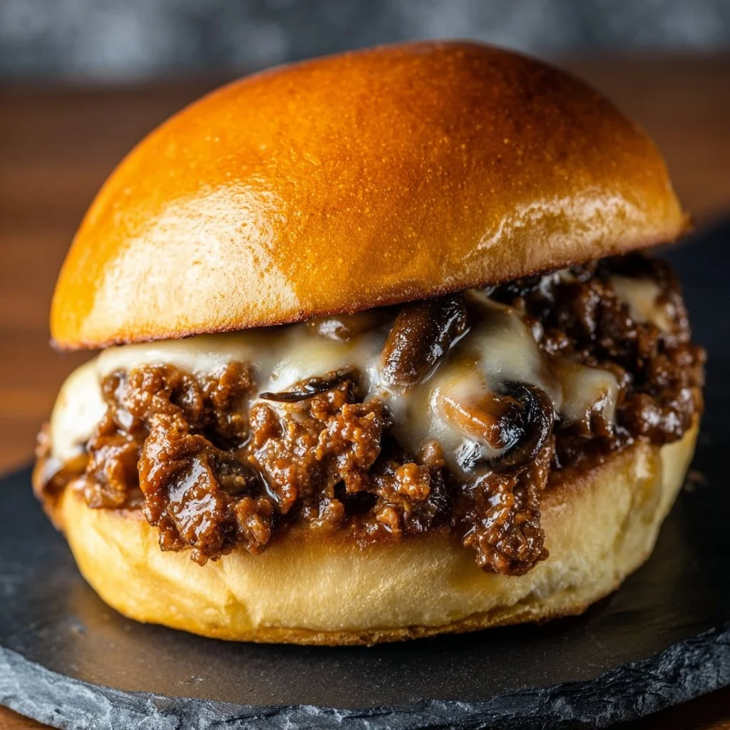 Gordon Ramsay's Philly Cheesesteak Sloppy Joes served on a plate with toppings.