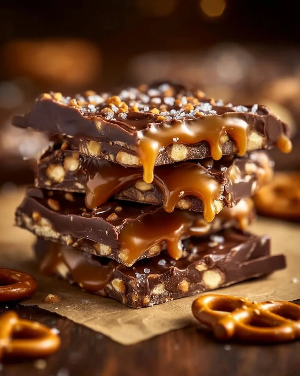 Delicious salted caramel pretzel bark with chocolate and pretzels