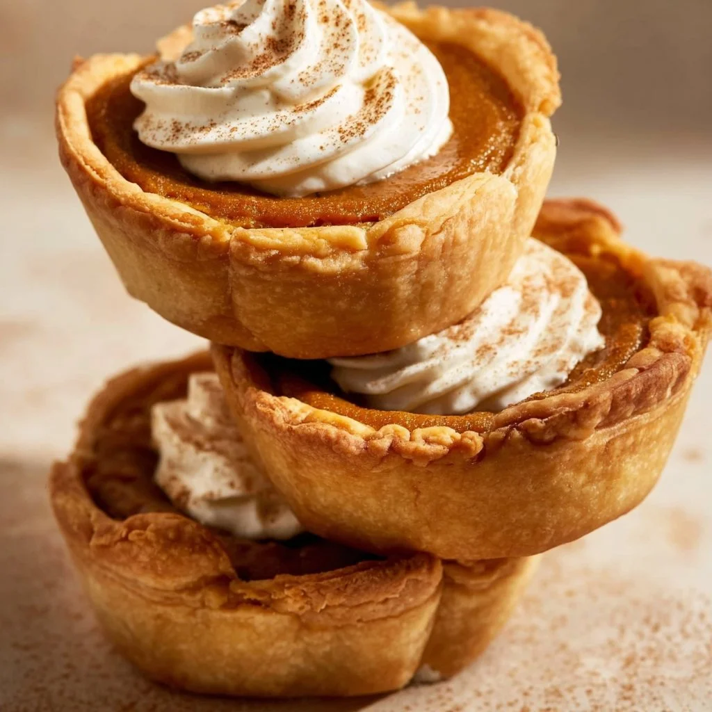 Delicious mini pumpkin pie served on a plate with whip cream.